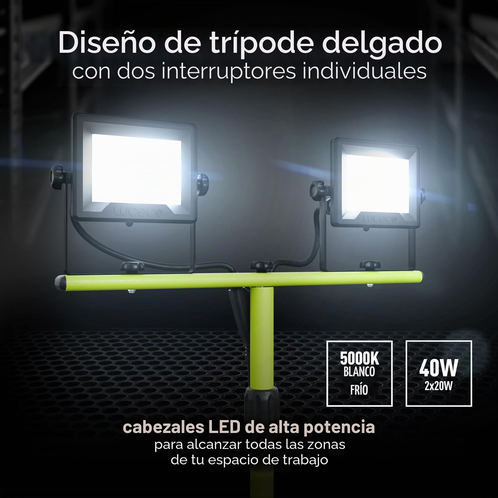 Luceco LED Slimline Trípode luz de trabajo, 2 x 20 W con cable de 3 metros, 230 V, negro y verde