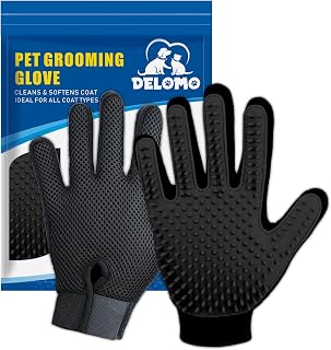 DELOMO Upgrade Pet Grooming Gloves - Gentle Deshedding Brush for Dogs, Cats & Horses, Long/Short Fur Remover Mitt, Enhanced 5-Finger Design, 1 Pair Black