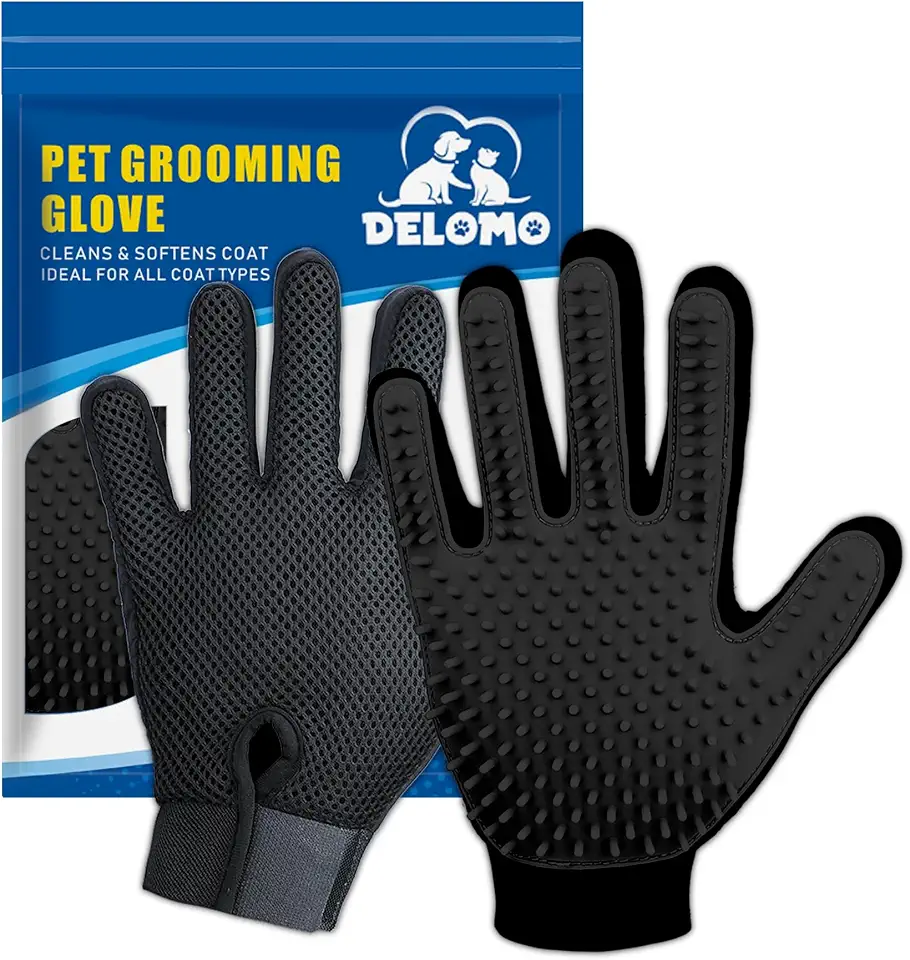 DELOMO Haustierpflege-Handschuhe - Katzenbürsten für sanftes Haaren - Effiziente Haarentfernungshandschuhe - Waschhandschuhe für Hunde mit langem & kurzem Haar, Katzen & Pferde - 1 Paar (Schwarz)