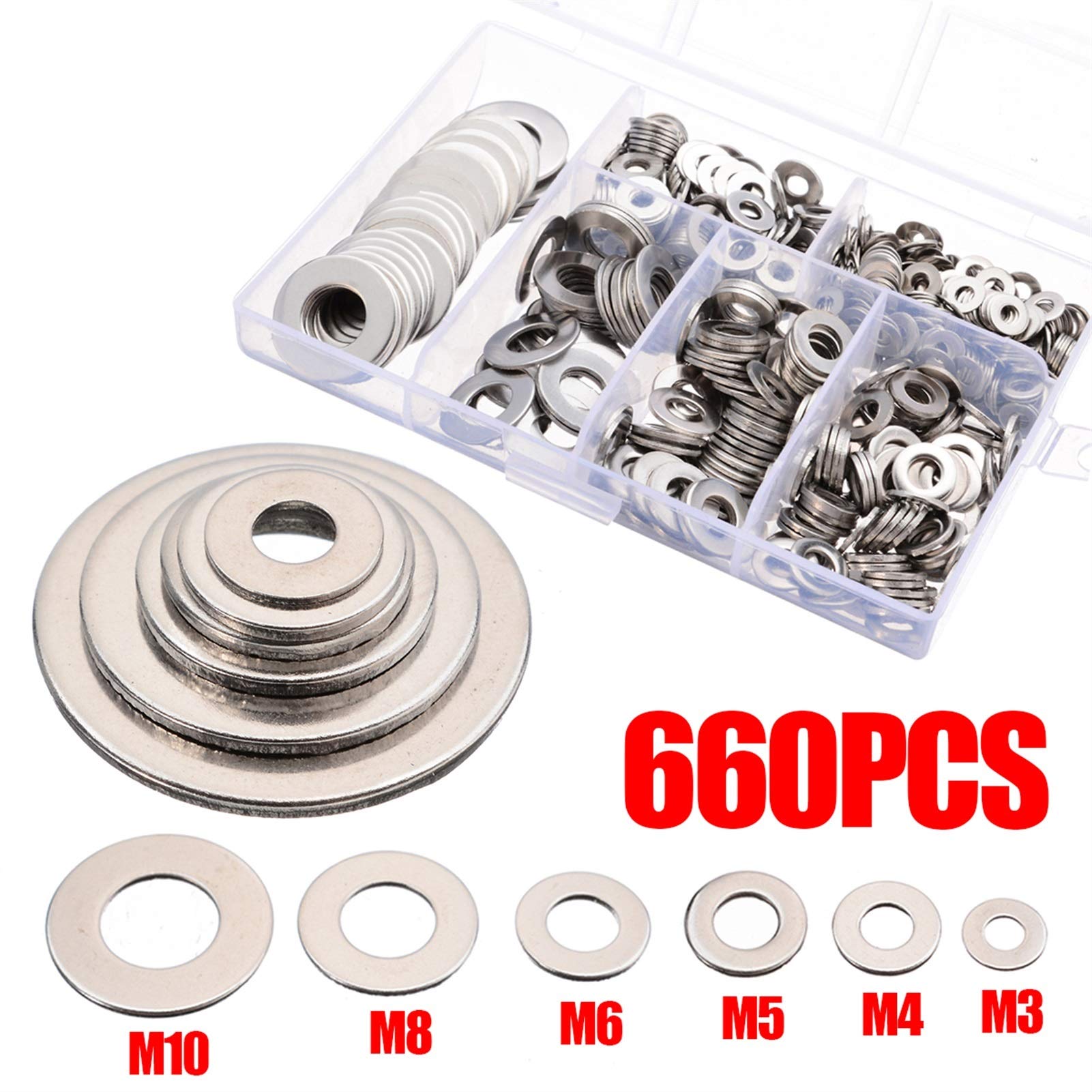 Unterlegscheibe, 660 Stück, M3, M4, M5, M6, M8, M10, Edelstahl-Unterlegscheibe, Unterlegscheibe-Set, Schraubverschluss, Hardware-Sortiment, Zubehör, Verschiedene Haushaltsgegenstände (Farbe