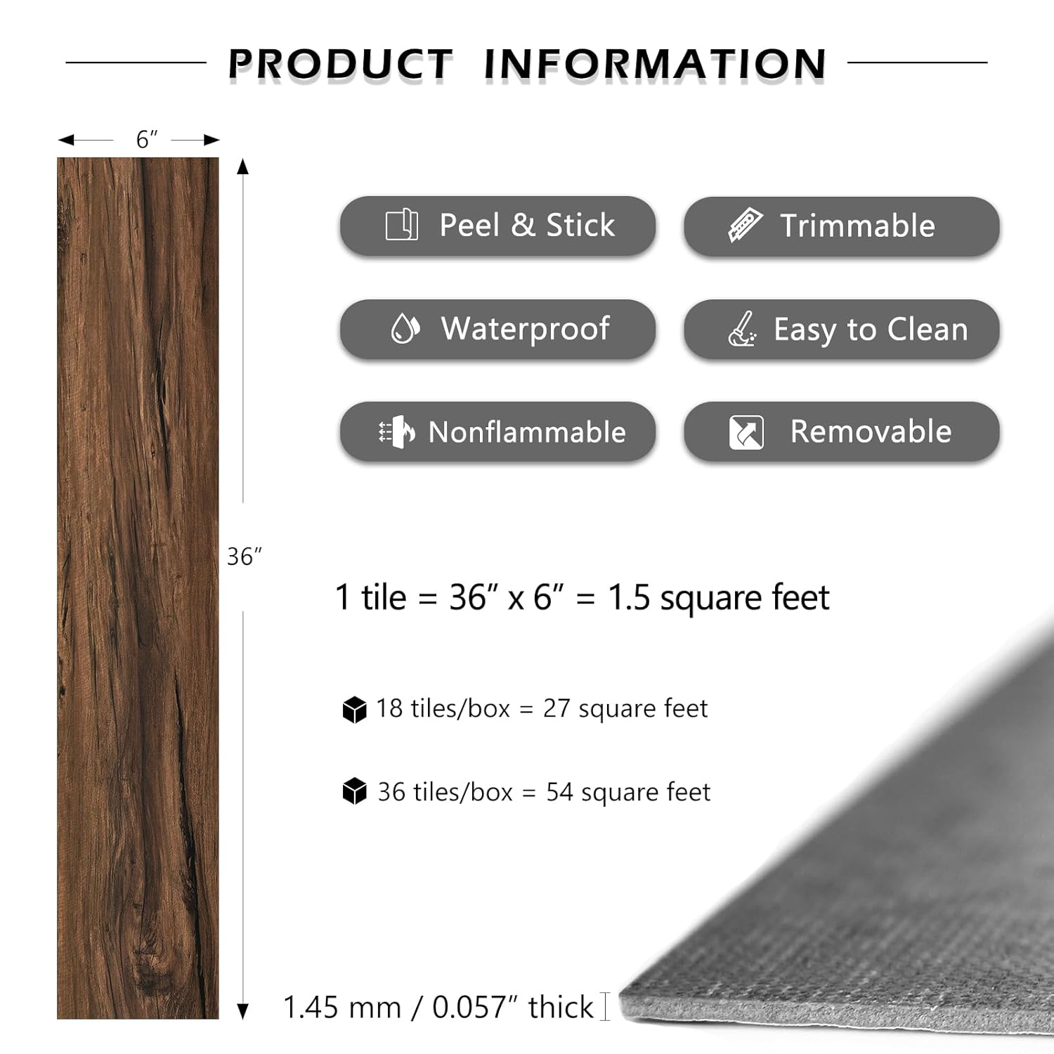 LaCheery 36-Pack 36"x6" Peel and Stick Floor Tile Wood Floor Tiles Brown Wood Peel and Stick Flooring for Bathroom Kitchen Vinyl Flooring Planks Waterproof Vinyl Plank Tiles Self Adhesive Removable
