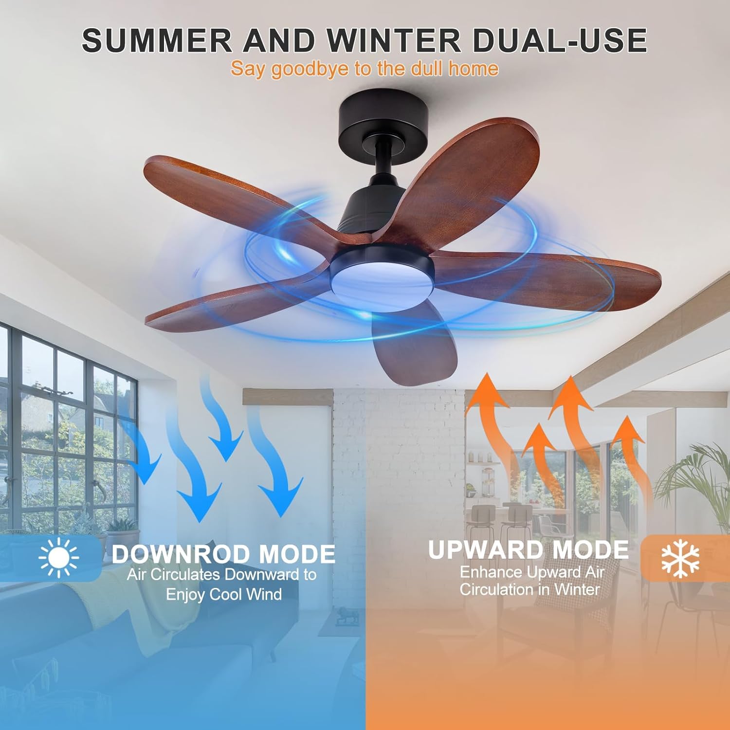36 Inch Wood Ceiling Fans with Lights and Remote, Modern Ceiling Fan with Light, 5 Blades, Dimmable, Wall Switch, Reversible DC Motor, Memory Function, Indoor Outdoor for Bedroom Patio
