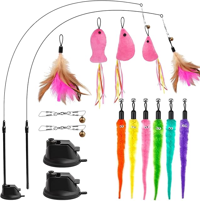 Cat Toys for Indoor Cats Adult Kitten Interactive Training,Cat Feather Toy,Interactive Cat Teaser Wand with Bells and Feather,9 Refills and 2 Super Suction