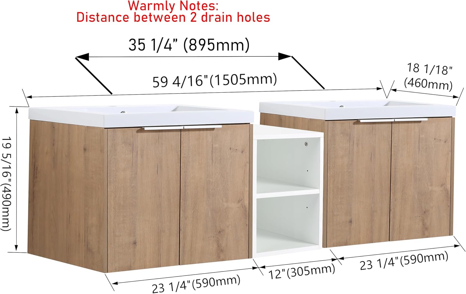 60 Inch Floating Vanity, 60" Bathroom Vanity with Sink, Double Sink Wall Mounted Vanity Combo, Modern Brown Bathroom Vanity Set with 4 Doors and White Basin Sink