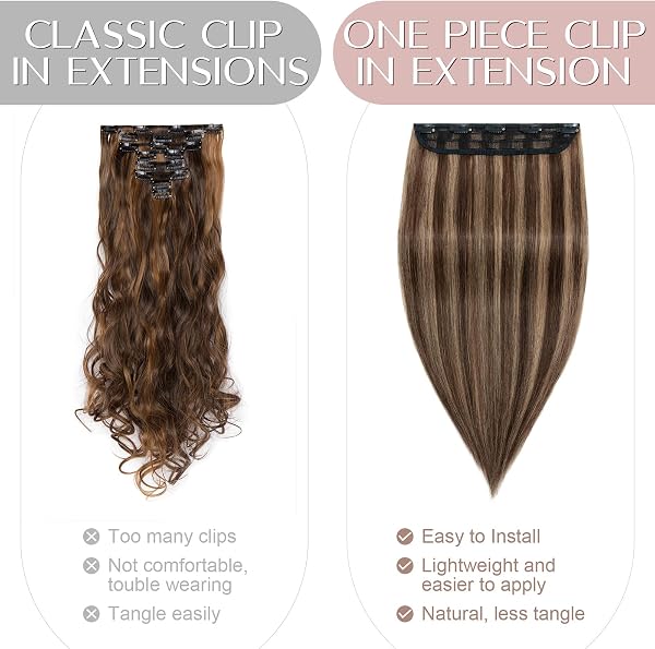 14"(35cm) SEGO Extensiones de Cabello Natural Clip Una Pieza GRUESA [#4/27 Castaño Chocolate/Rubio Oscuro] 100% Remy Pelo Humano Liso Postizos (75g) - 4