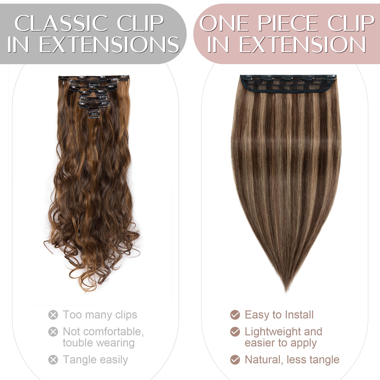 14"(35cm) SEGO Extensiones de Cabello Natural Clip Una Pieza GRUESA [#4/27 Castaño Chocolate/Rubio Oscuro] 100% Remy Pelo Humano Liso Postizos (75g) - 4