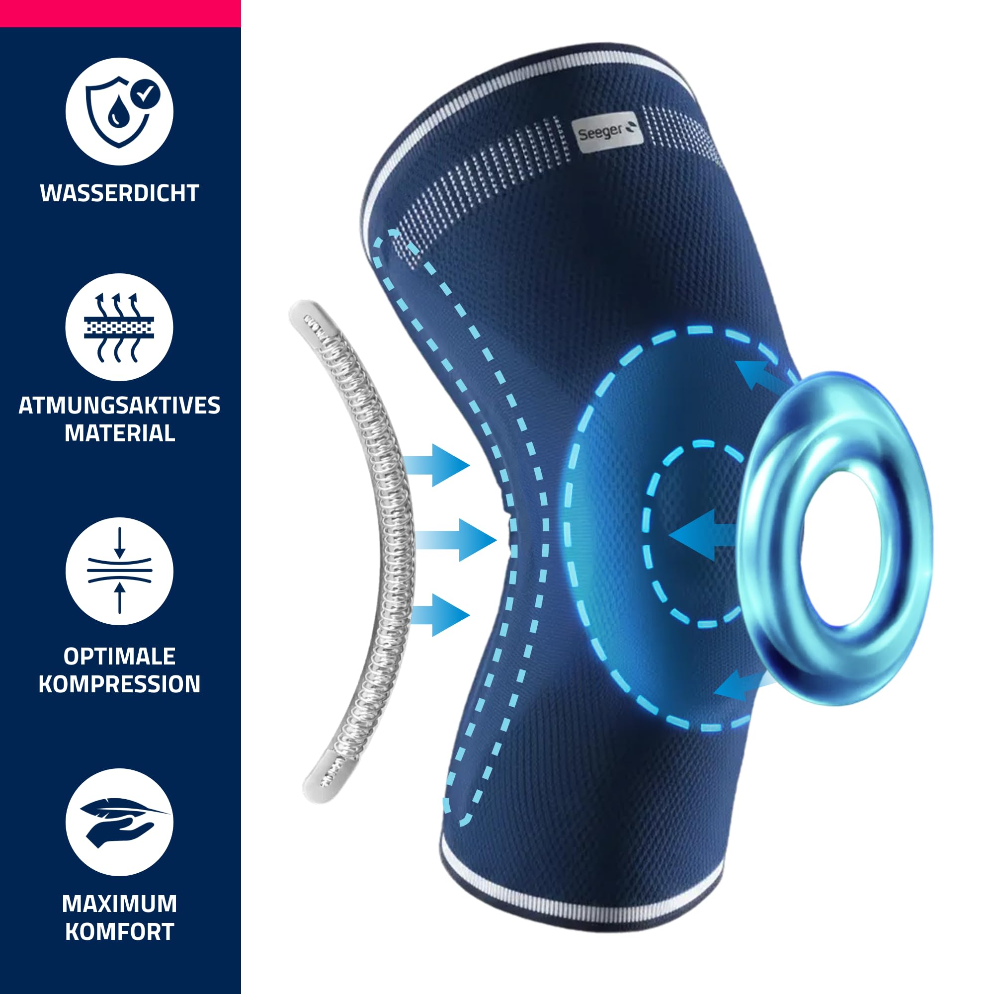 Seeger Kniebandage Komfort – Kompressionsbandage zur Stabilisierung & Schmerzlinderung bei Knieproblemen – mit Silikonpelotte & Spiralstäben – für Männer & Frauen, Sport & Alltag (Blau, 6)