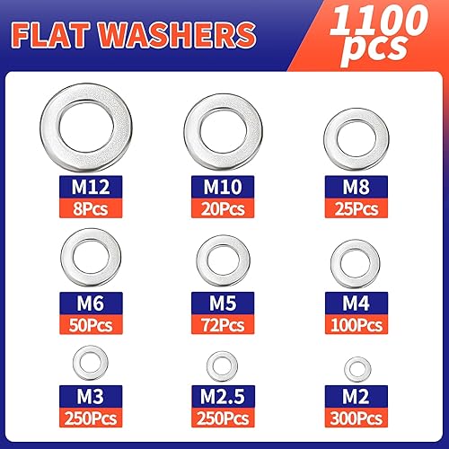 Miniatura 4 de Kit de surtido de 1100 arandelas planas  Acero inoxidable 304, 9 tamaños métricos (M2M12), arandelas de metal para tornillos y pernos  Ideal para