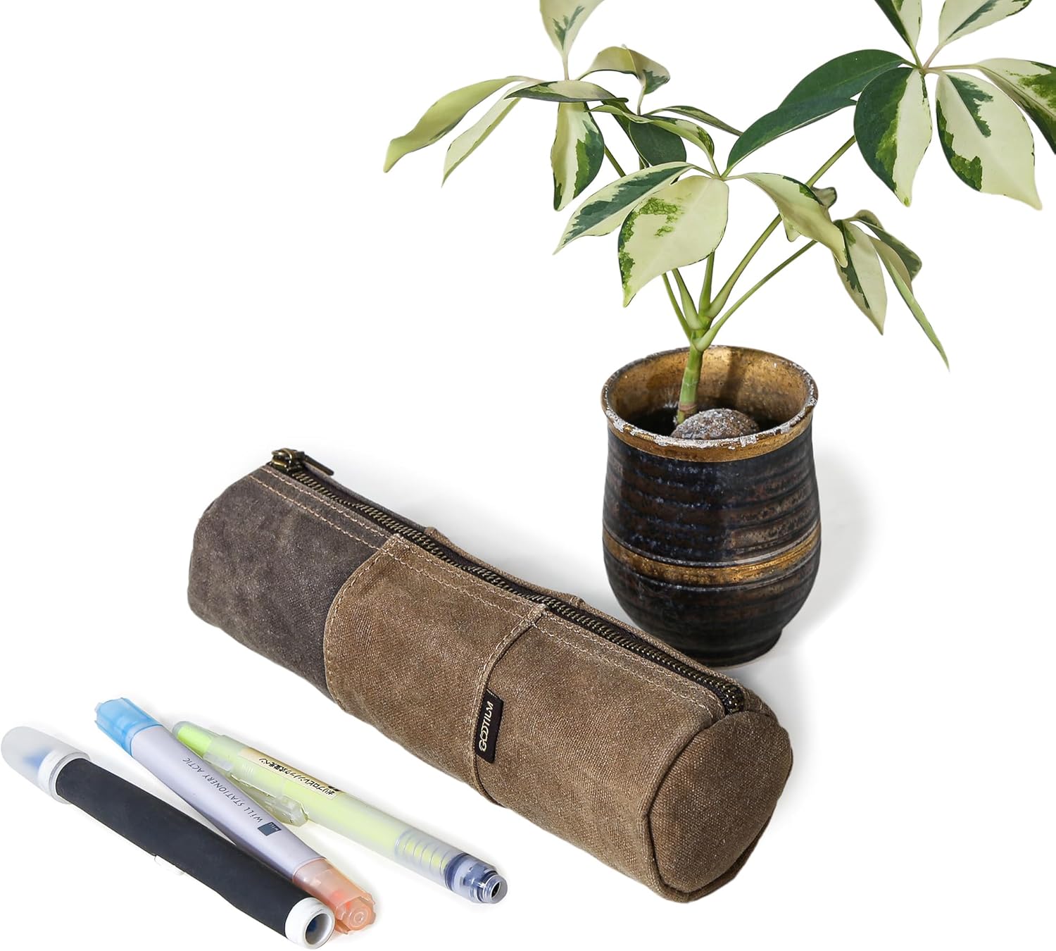 GOOTIUM Waxed Canvas Pencil Pouch - Vintage Zippered Stationery Organizer for Pens, Pencils, and Accessories Handmade Multi-Purpose Utility Case, Tan - Image 6