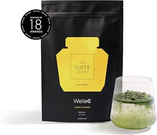 WelleCo  The Super Elixir Daily Greens  Limón y jengibre  Bolsa de 10.5 onzas  Apoya la salud intestinal, la inmunidad, la energía y la piel