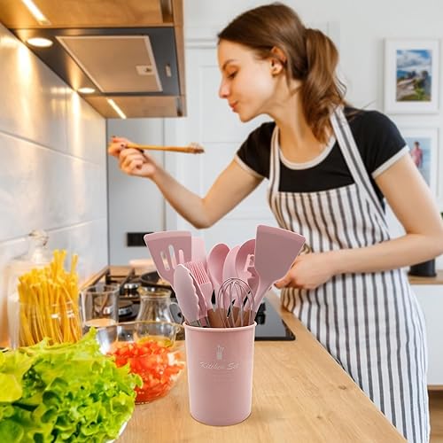 Miniatura 5 de Ismosm Juego de 12 utensilios de cocina de silicona con asas de madera maciza y un cubo de soporte (gris oscuro)
