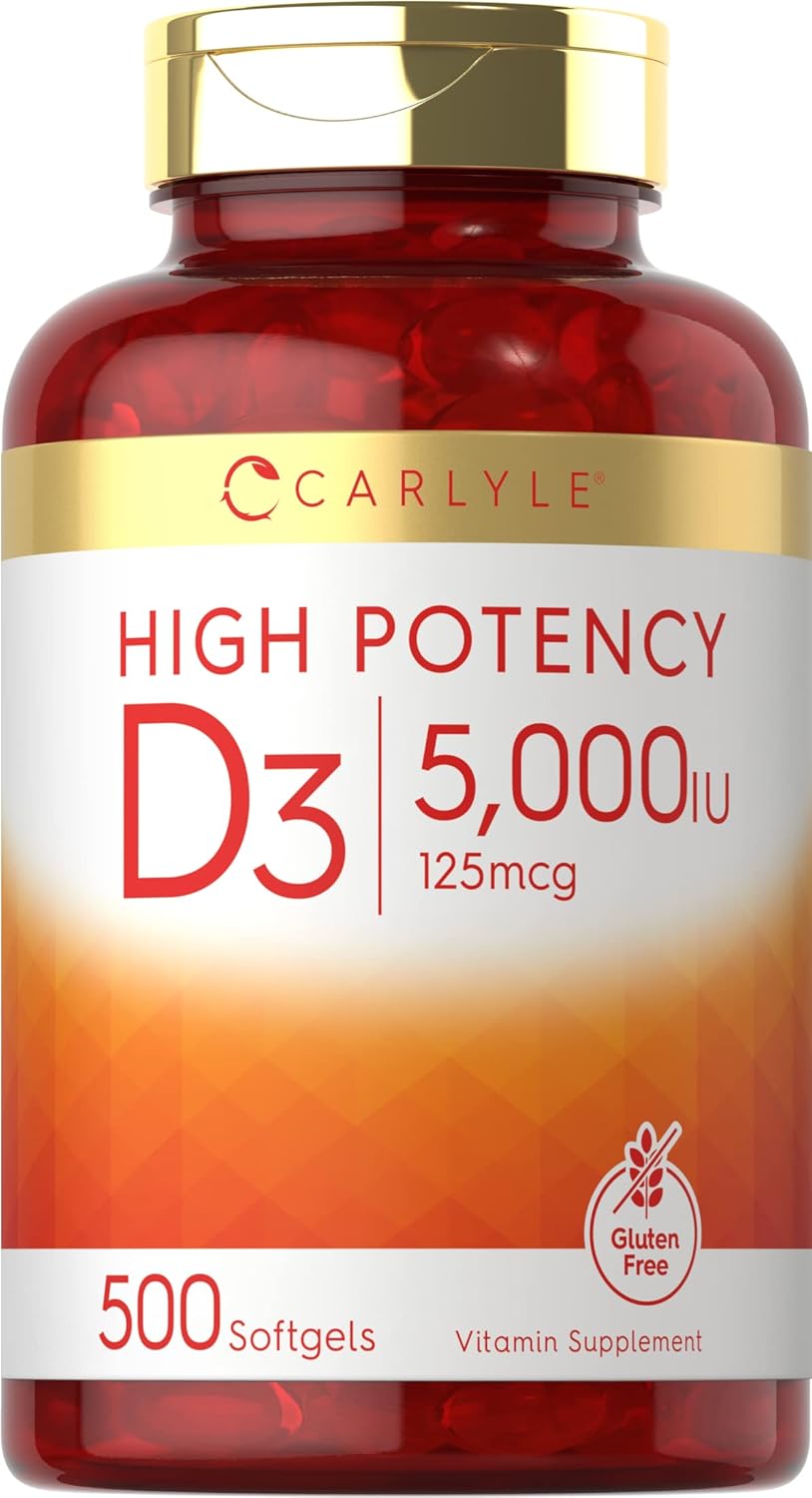 Carlyle Vitamin D3 5000 IU Softgels 500 Count Value Size Non-GMO and Gluten Free Supplement High Potency Formula