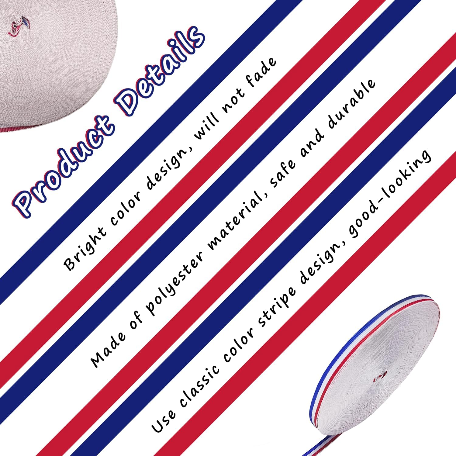 Blue White Red Striped Grosgrain Ribbons, 3/8 Inch x 55 Yards Polyester Fabric Ribbons Use for Badge Medal Patriotic, Gift Wrapping, Party Decor, All Crafting and Sewing