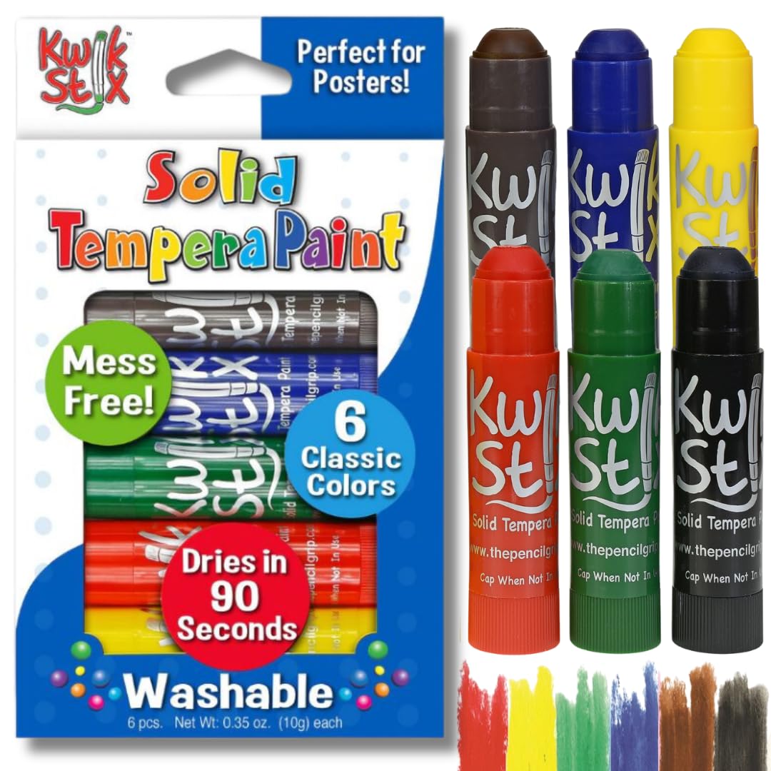 Kwik Stix Solid Tempera Paint Sticks, 6 Classic Colors, Washable Paint Sticks for Kids, Super Quick Drying, Non-Toxic, Allergen Free, Paint Sticks in Classic Colors, Paint for Kids and Toddlers