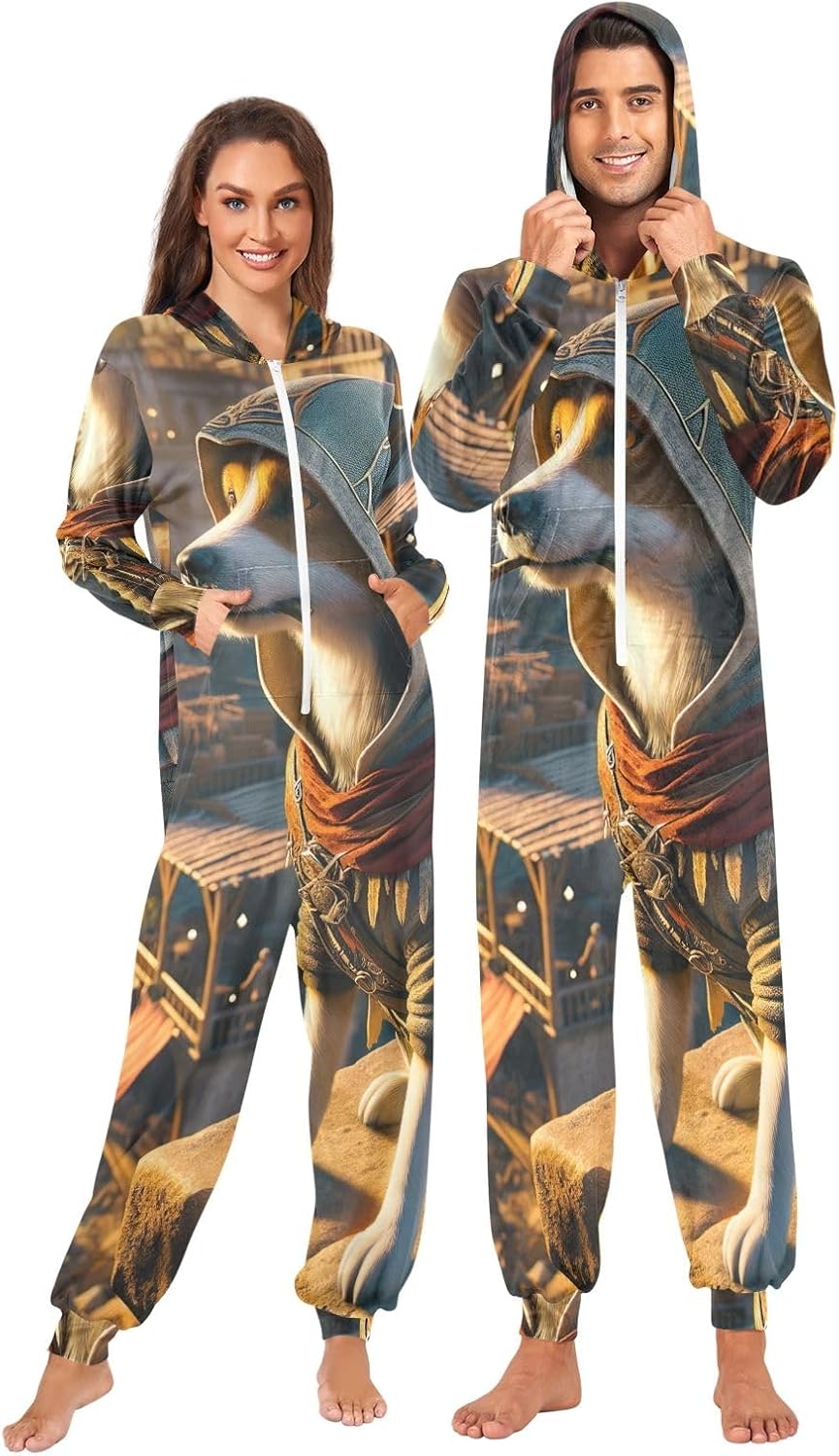 GAIREG Dog Looking Distance Print Adult Onesie Pajamas, Soft Hooded One Piece Sleepwear for Men Women