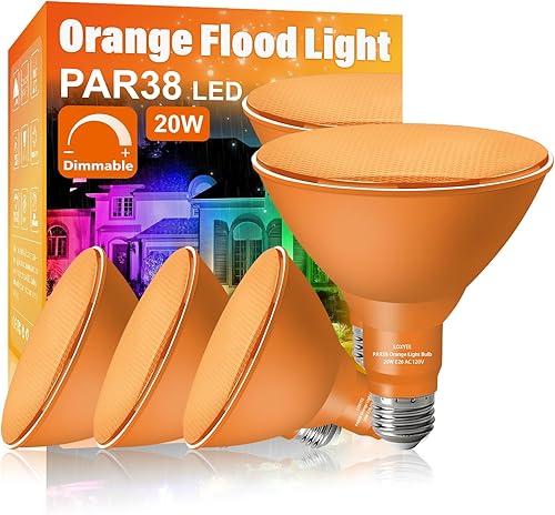 PAR38 - Bombilla naranja de inundación, paquete de 4 unidades, regulable, base E26 naranja para exteriores (20 W de reemplazo a 200 W), bombilla