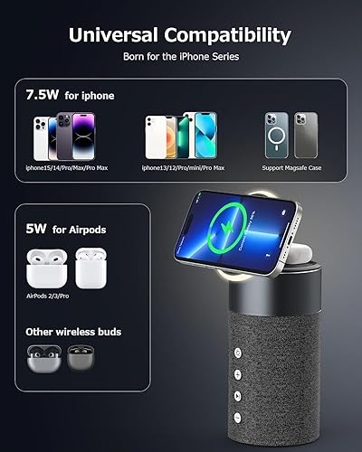Miniatura 5 de COLSUR Altavoz Bluetooth, cargador inalámbrico magnético, altavoces Bluetooth con luz nocturna, estación de carga inalámbrica 2 en 1 para iPhone
