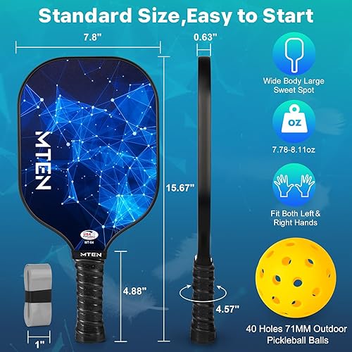 Vista 5 de Pickleball Paddles, USAPA Approved Fiberglass Surface Pickleball Set with Pickleball Rackets, Pickleball Paddles Set for Men Women Negro azul*2