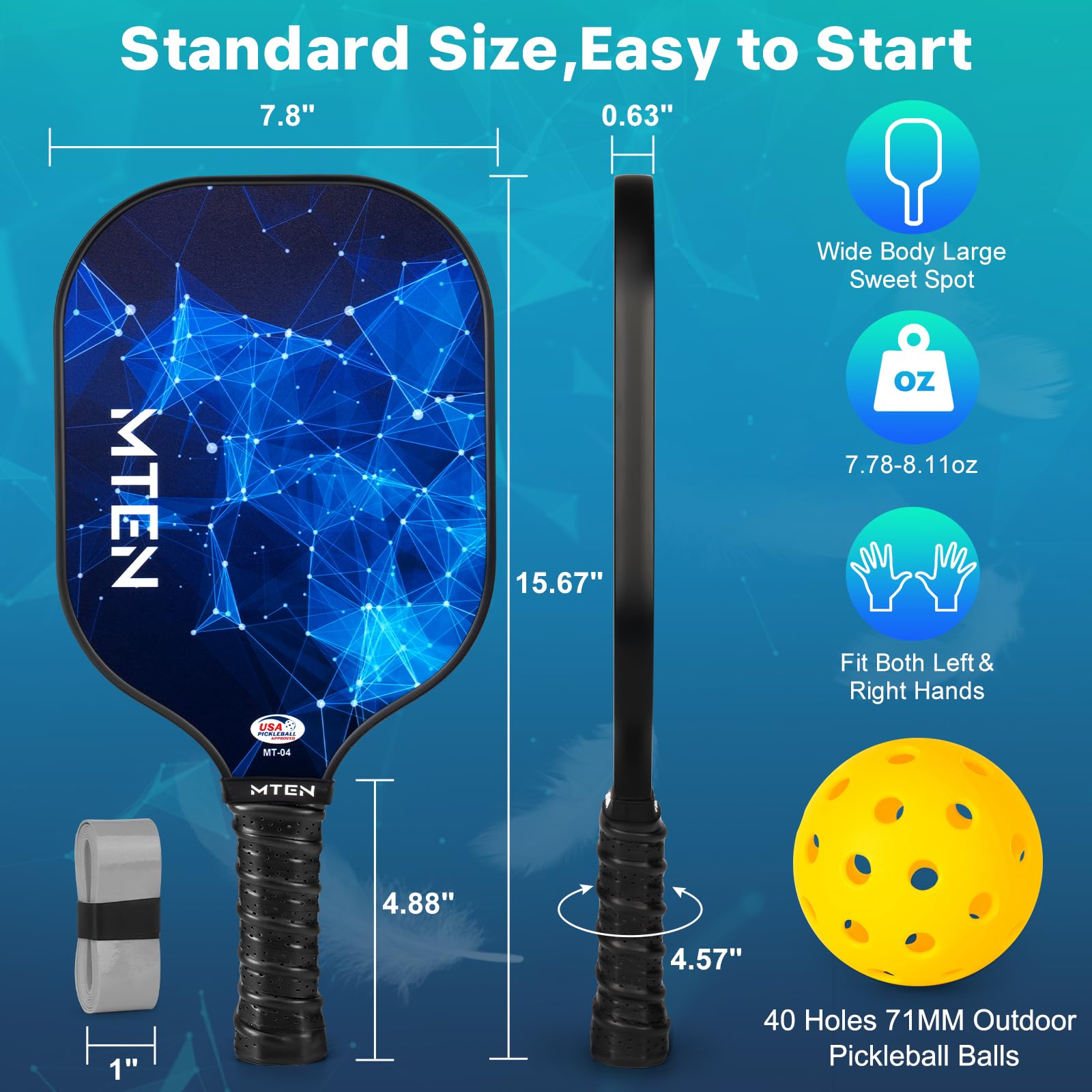 MTEN Pickleball Paddles, USAPA Approved Pickleball Paddles Set of 2, Fiberglass Surface Pickleball Set, 2Pickleball Rackets, 4 Pickleball Balls, 2Grip Tapes & Carry Bag for Men Women