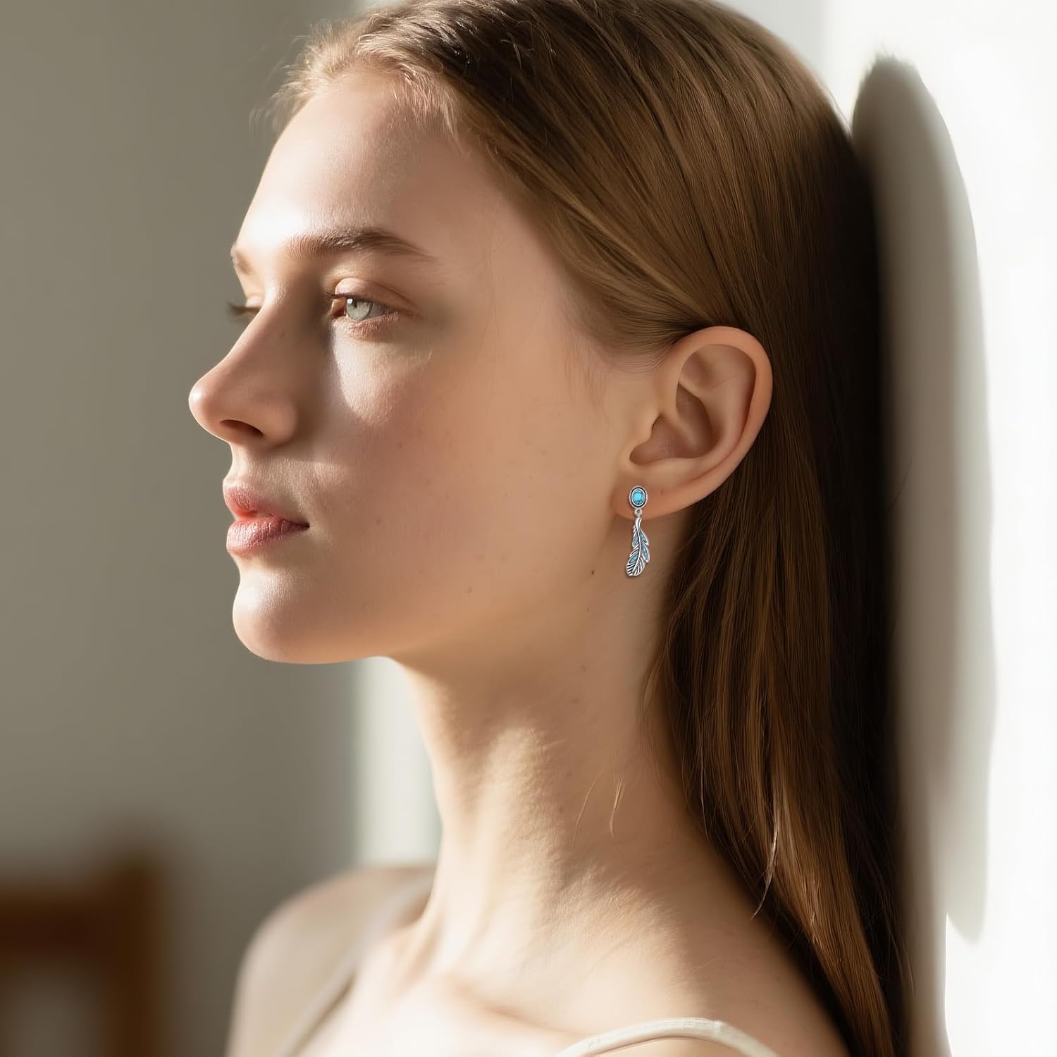 Feather Earring 925 Sterling Sliver Natural Turquoise Stone Western Style Vintage Eagle Feather Drop Ear Gift for Women