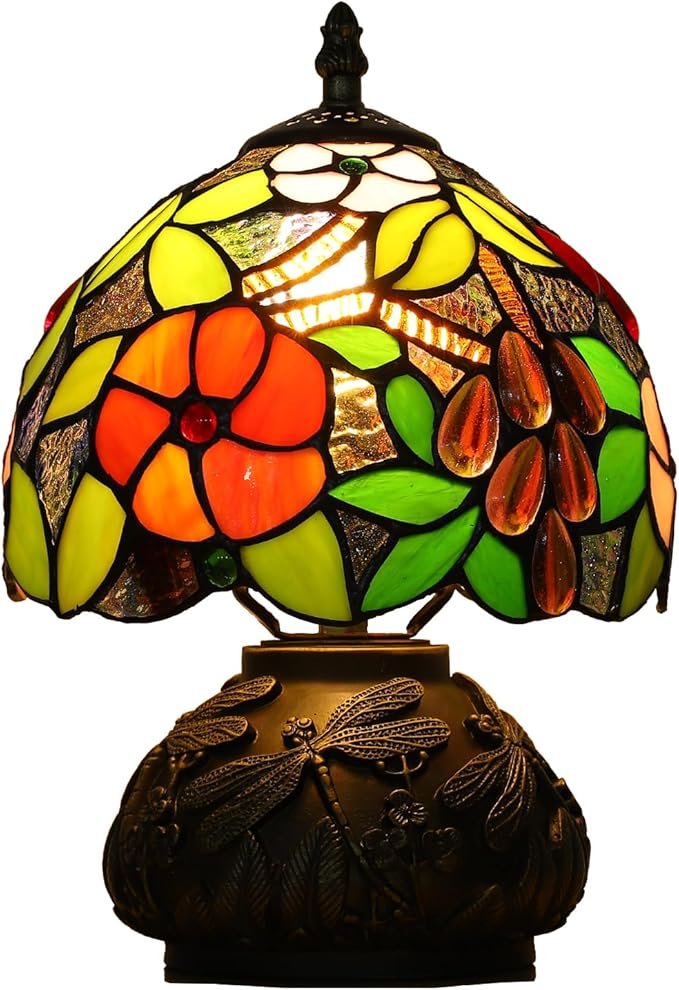 tuomoxte Tiffany Style Small Table Lamp for Bedroom,3 Color-temperatures Rose Grape Stained Glass Night Light,Antique Nightstand Bedside Lamps Living Room Home Office Desk Light 8X8X12Inch