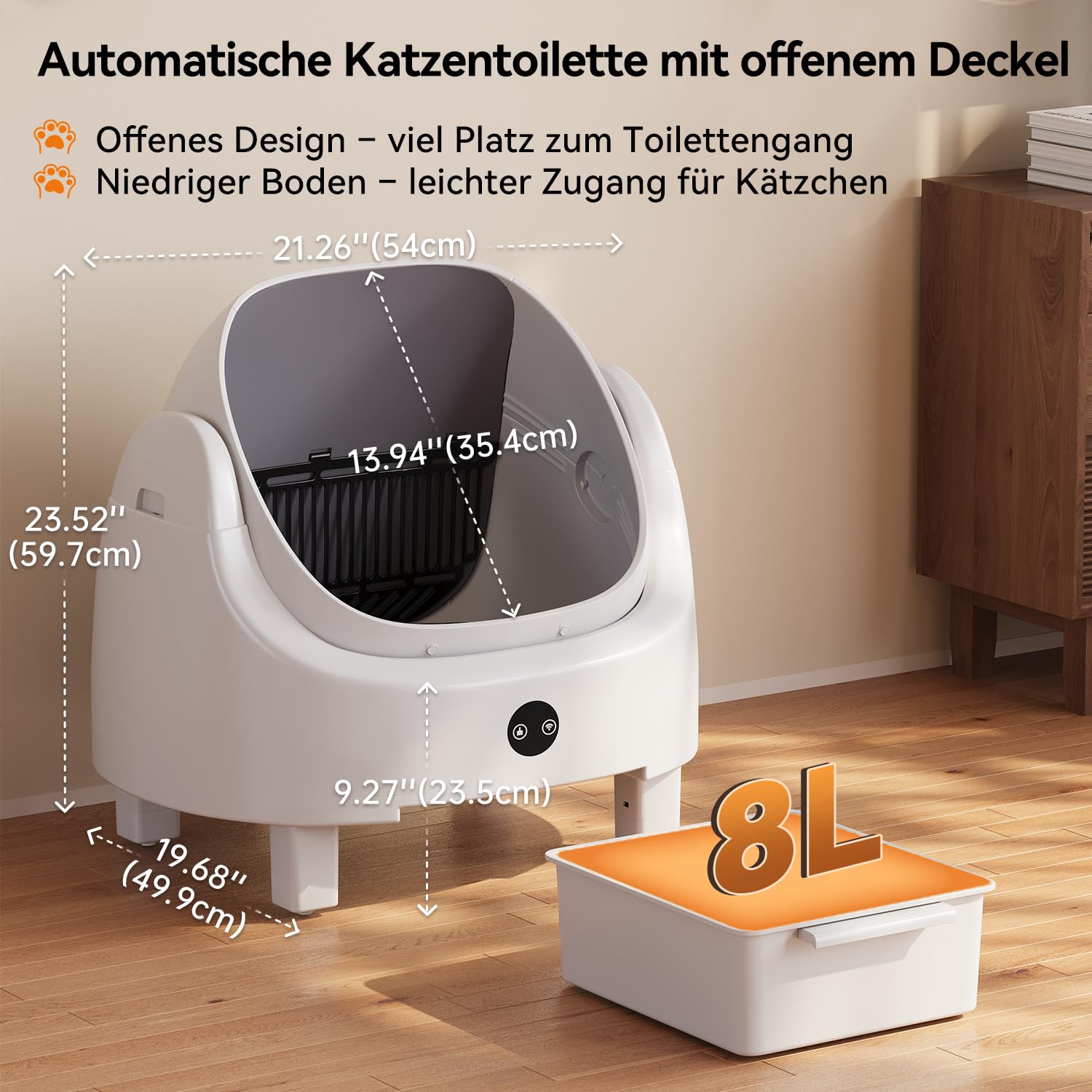 Selbstreinigende Katzentoilette, Katzenklo Selbstreinigend mit Sicherheits Geruchskontrolle, Automatischer App-Steuerung für Katzen, Inklusive Katzenstreumatte,Müllbeutel und Duftbox, Weiß