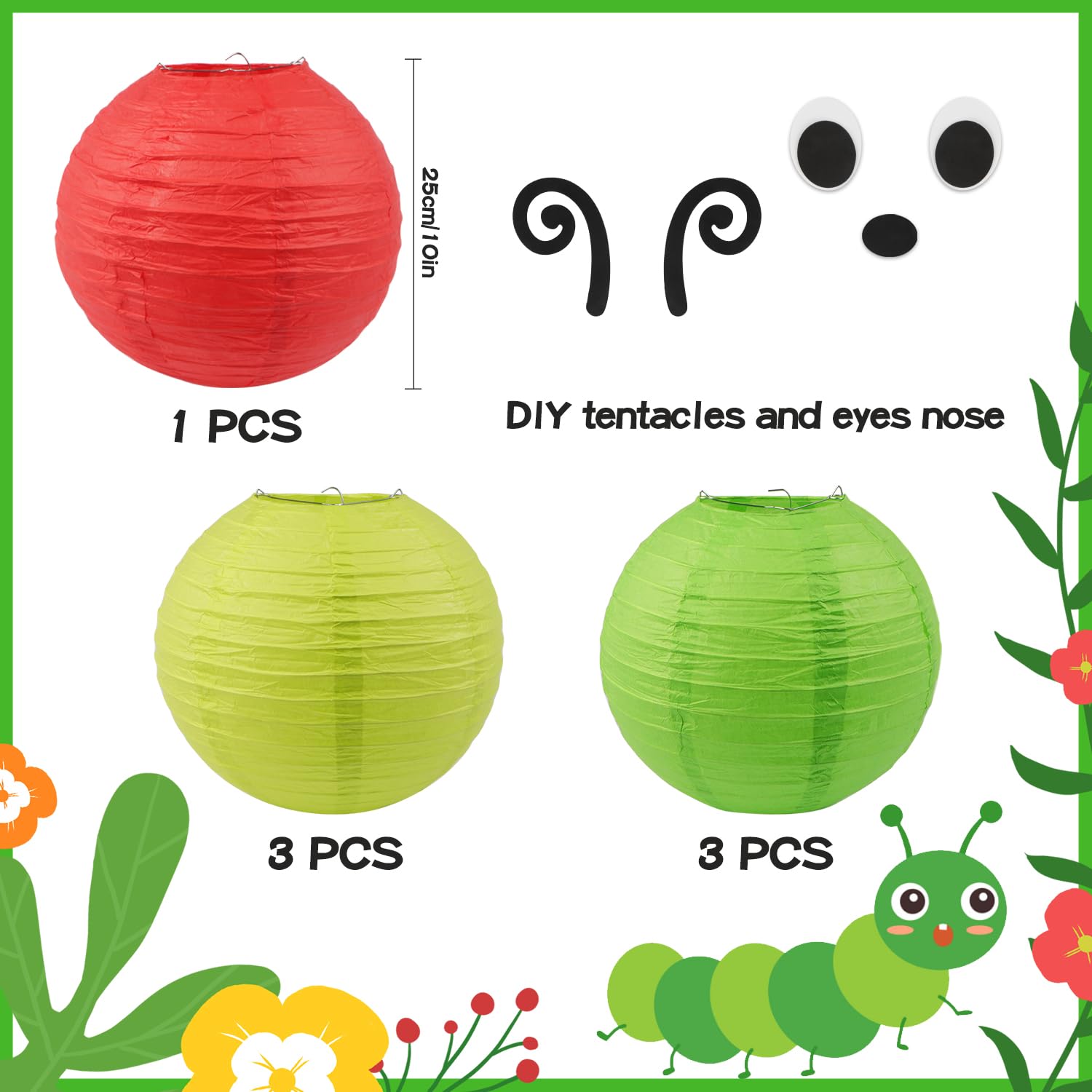 7PCS Caterpillar Paper Lanterns Red Green Paper Lanterns with Eyes Mouth for School Classroom Decoration Birthday Party Decoration ?10in x10in ?
