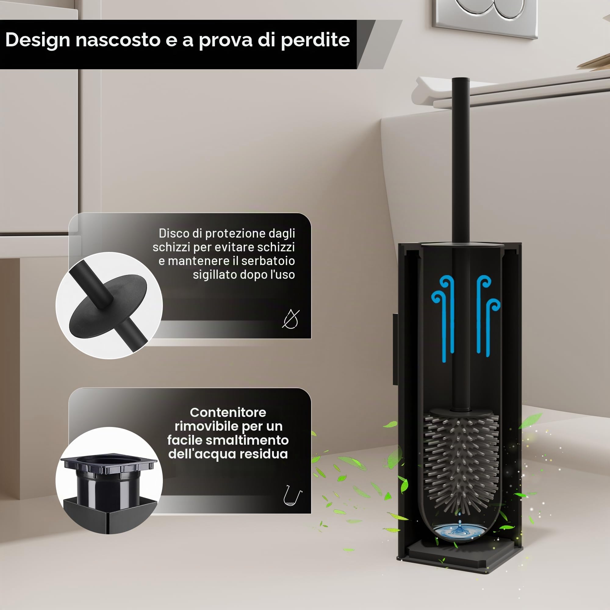 BVL Scopino Bagno WC da Parete Nero, Scopino WC Silicone Adesiva Senza Foratura, Incluse 2 Testine, Spazzolone Bagno WC in Metallo Quadrato