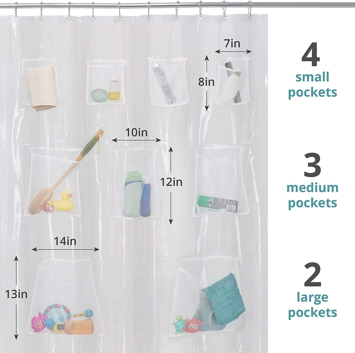 Quick Dry Mesh Pockets Waterproof PEVA Shower Curtain or Liner,Bath / Shower Organizer,Clear,72 inchesx72 inches