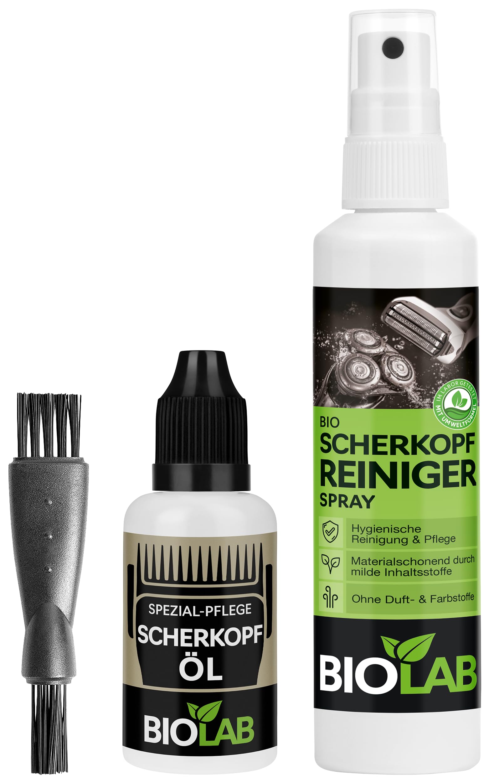 BIOLAB Kit de nettoyage et d'entretien pour tête de rasage – Huile pour tête de rasage (30 ml), spray nettoyant pour tête de rasage (100 ml) + brosse de nettoyage pour rasoir, tondeuse à cheveux et