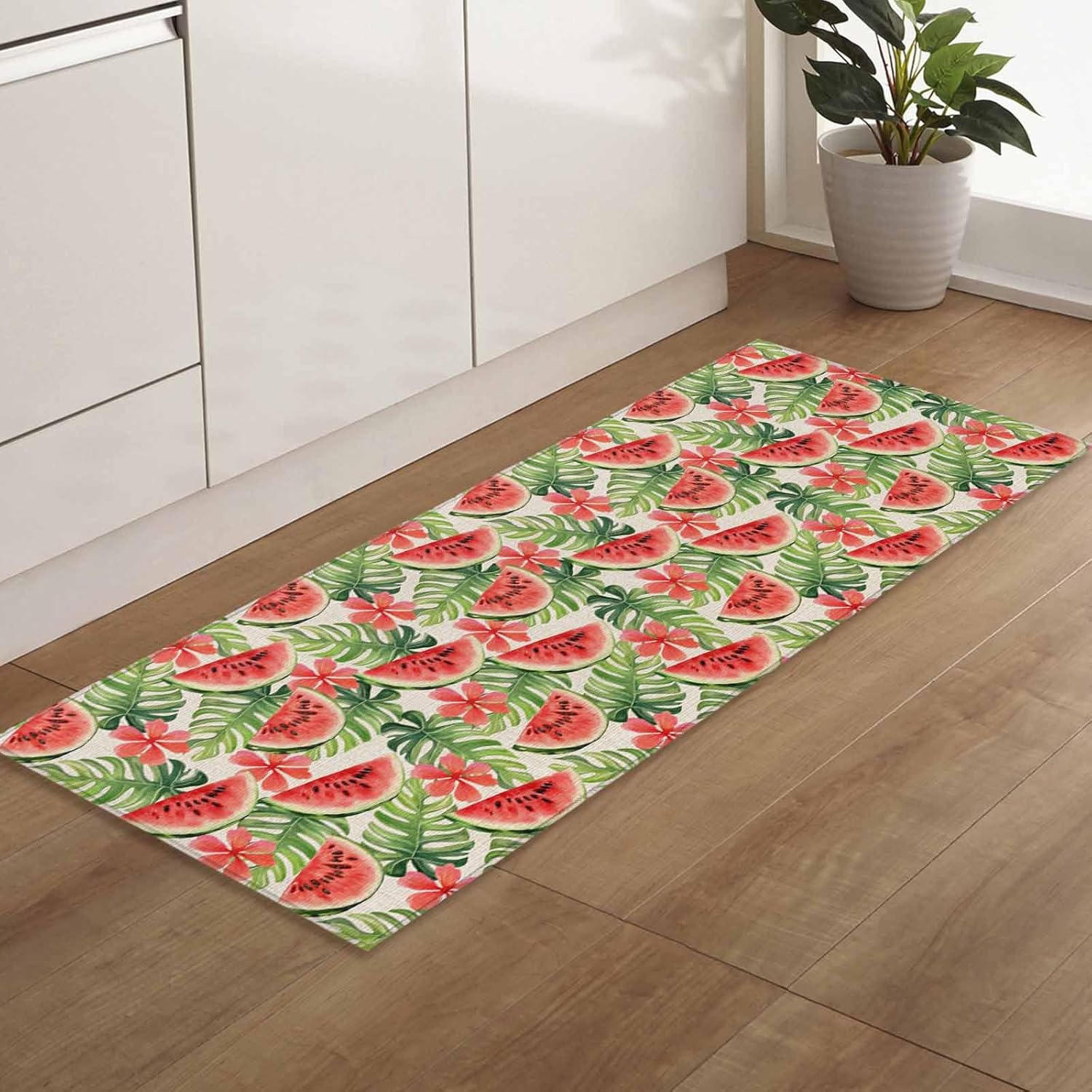 2 Pieces Kitchen Rugs and Mats,Watermelon Tropical Leaf Flower Area Runner Rug Set Non Slip Floor Doormat Washable Carpet Standing Mat for Kitchen Sink Indoor Corridor,Summer Fruit Plant on Linen