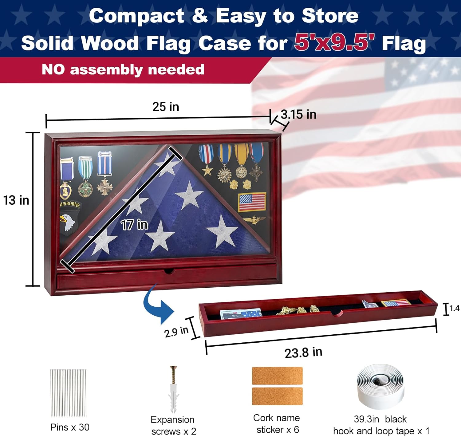 Flag Case for Burial Flag with Drawer – Solid Wood Military Flag Display Case for 5'x9.5' Flag, Memorial Flag Holder for Home, School, or Government Use, for Badges Medals (Red)