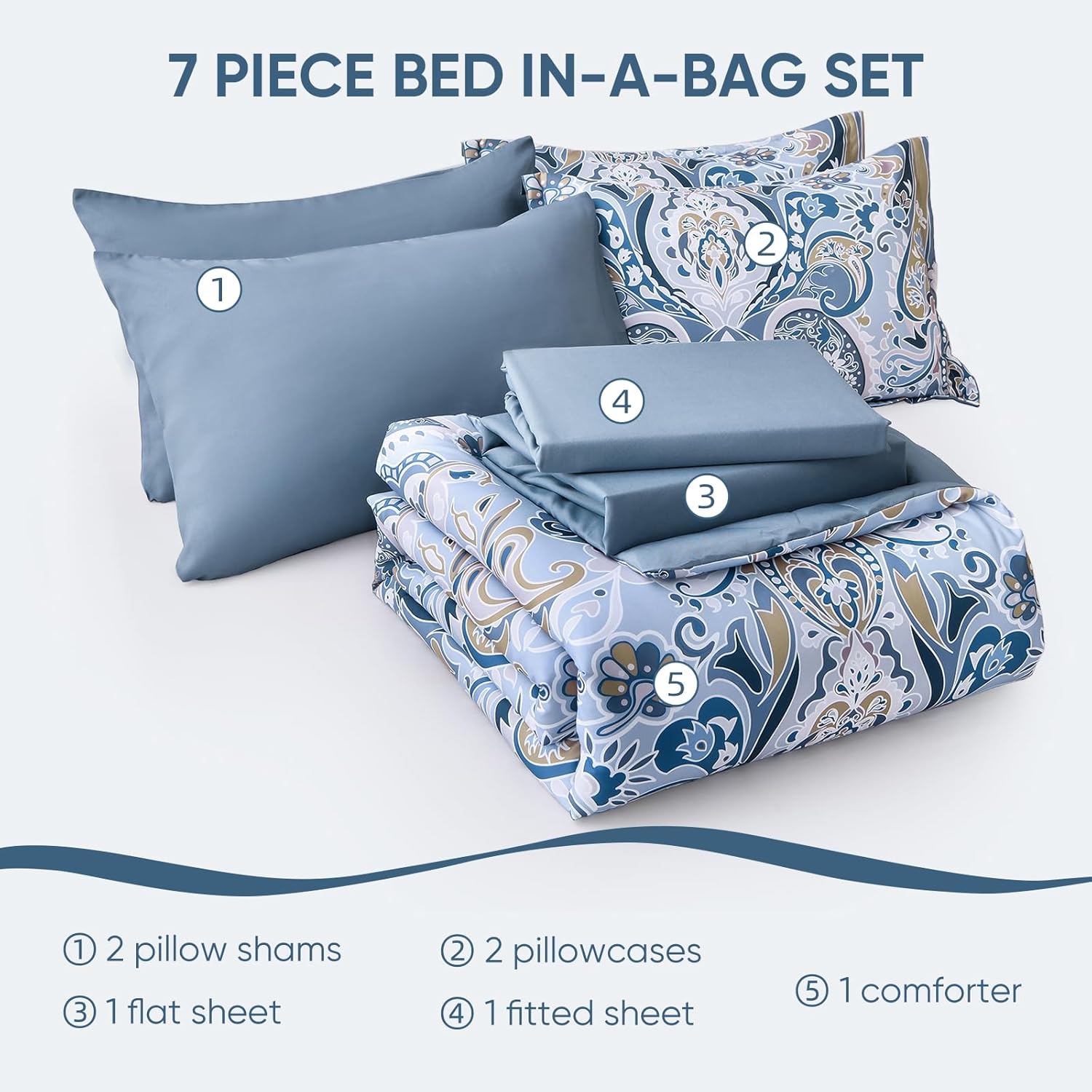 Drucon Blue Paisley Comforter Set Queen, 7 Pieces Bed in a Bag Boho Comforter Soft Microfiber Blue Paisley Bedding(1 Comforter, 1 Flat Sheet, 1 Fitted Sheet, 2 Pillow Shams, 2 Pillowcases) - Image 9