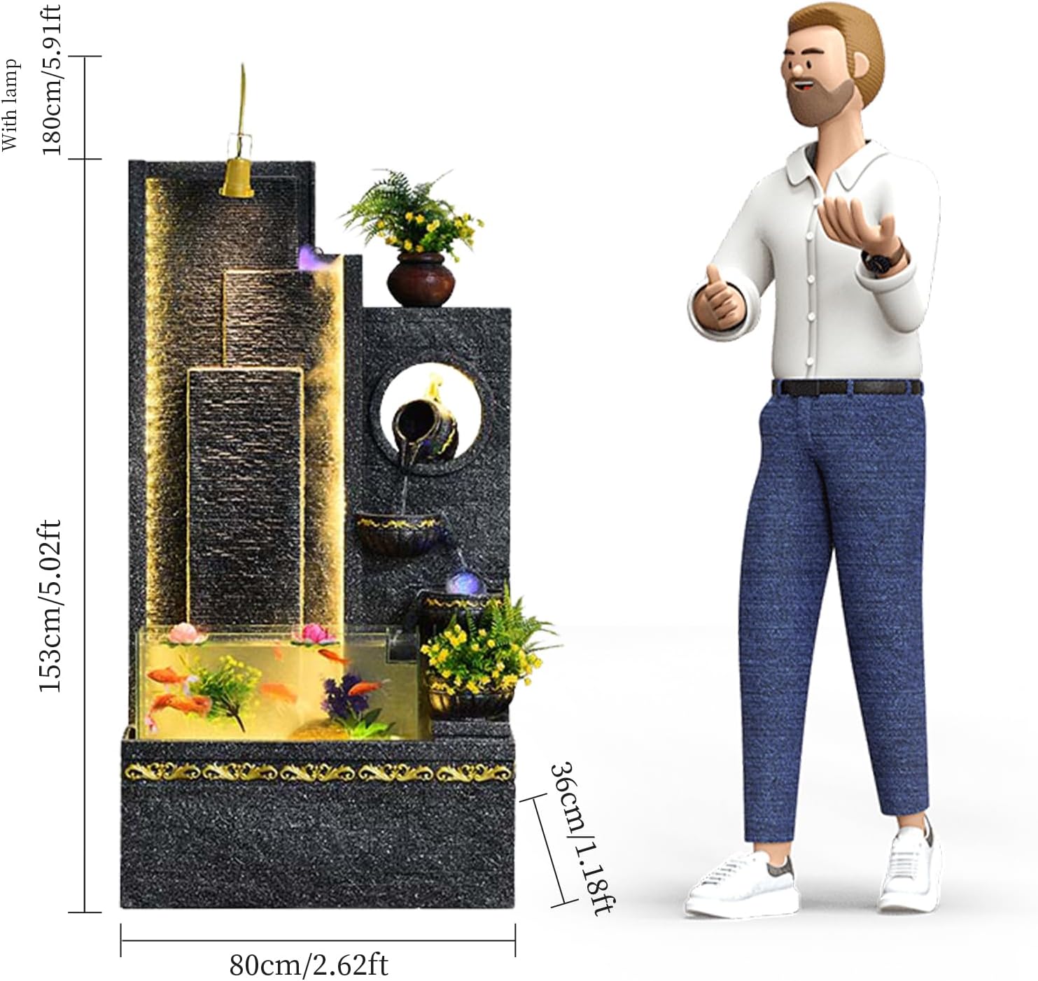 5.9 ft Luxury Europe Style Black Resin Fish Tank Fountain – Indoor Decor with Lighting, Mist, Waterwheel & Planter Features (Large with Fish Tank)