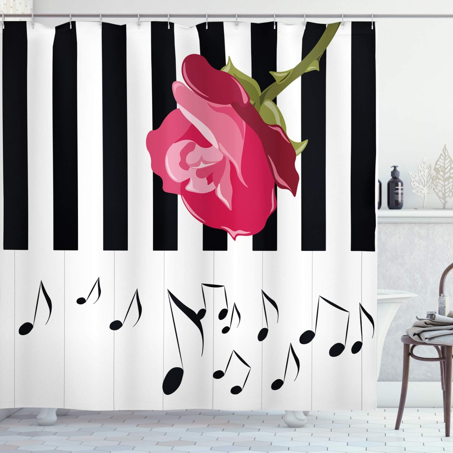 Ambesonne Modern Shower Curtain, Hand Drawn Red Rose on Piano with Musical Notes Romantic Instrumental Art, Cloth Fabric Bathroom Decor Set with Hooks, 69" W x 84" L, Pink Black White