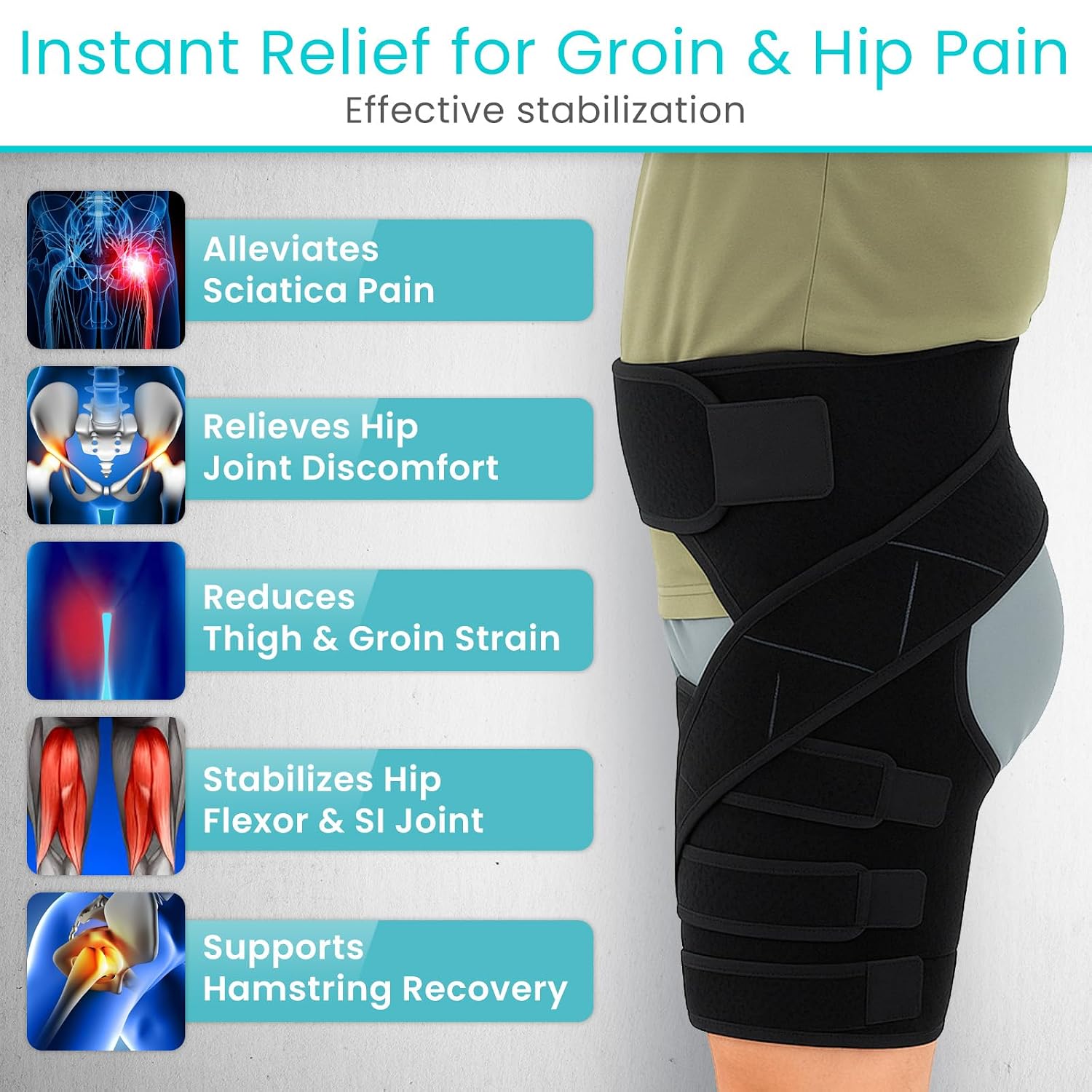 Vive Hip Brace for Sciatica Pain Relief - Groin Support Wrap for Sciatic Nerve Pain, Hip Flexor Strain, Thigh & Harmstring Pull, Arthritis - Adjustable & Comfortable Stabilizer for Muscle Recovery (Left)