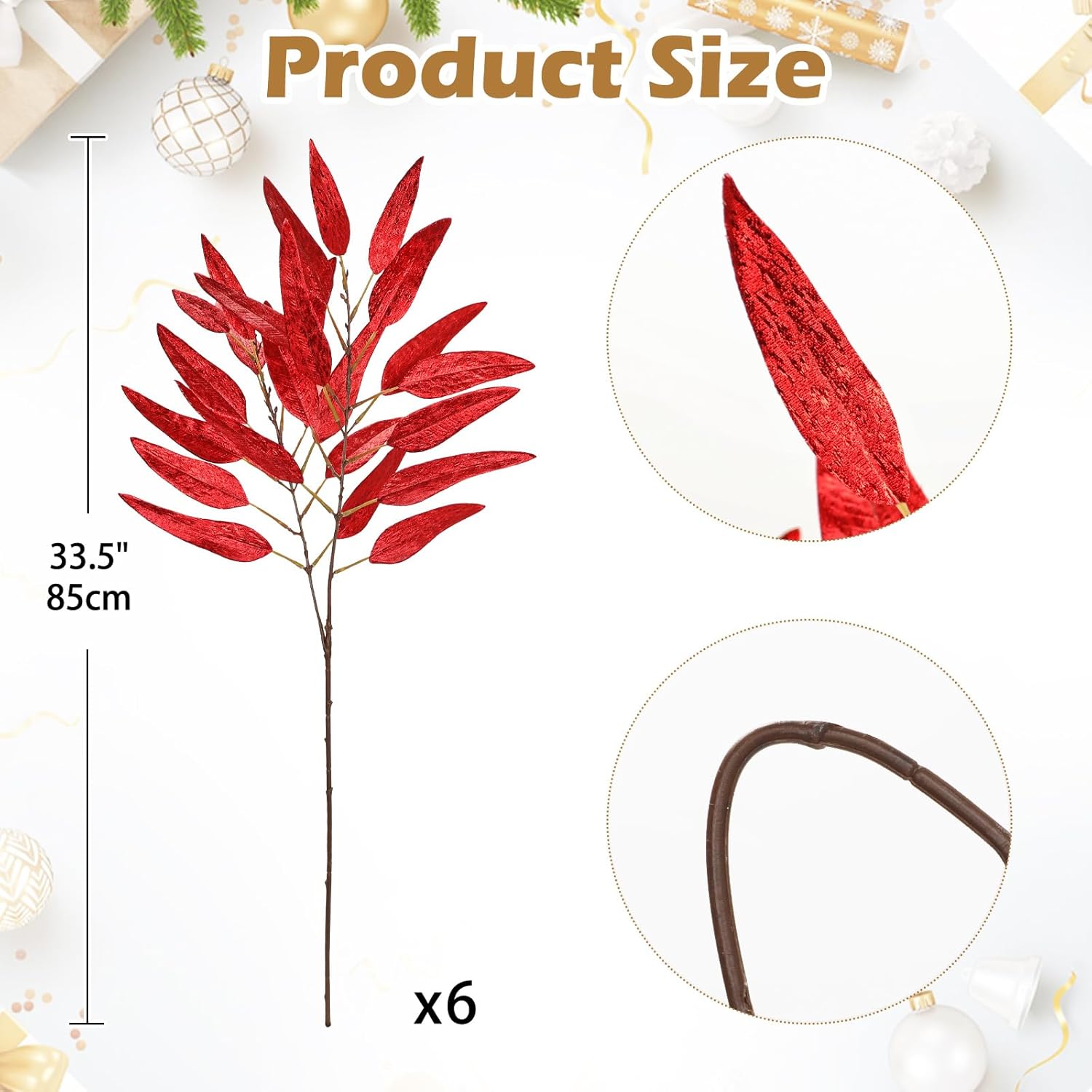 DILATATA 33.5 Red Leaves for Christmas Tree, Glitter Christmas Leaf Stems, Non-Shedding Shiny Sequin Fabric Christmas Picks for Wreath, Centerpiece Decor