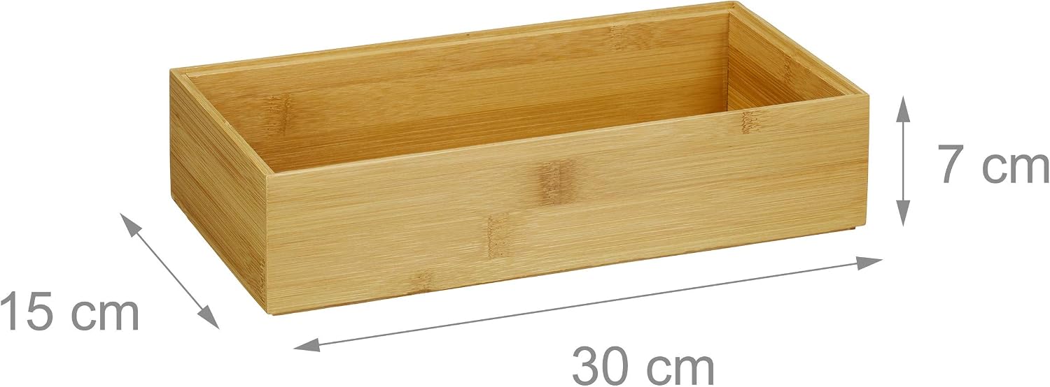 Relaxdays Bamboo Storage Box, Stackable, Natural Look, Kitchen Organiser Bins, Bathroom, HxWxD: 7 x 30 x 15 cm, Natural - Image 5