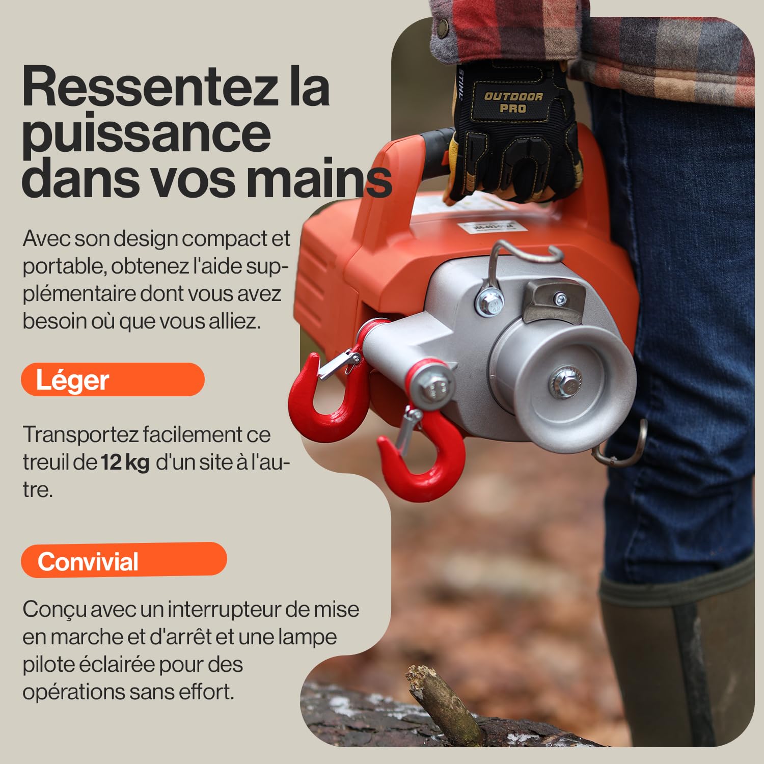 SuperHandy Treuil électrique portable Moteur sans balais alimenté par batterie Li-Ion 454kg-908kg Force de traction maximale pour la sylviculture, la chasse(corde à faible allongement incluse)