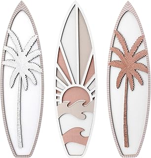 RattanView 3 Pieces Surfboard Decor for Bedroom Wooden Beach Wall Decor Summer Wood Surfboard Wall Hanging Sign for Tropical Living Room Decoration(Coconut Tree,Boho Color)