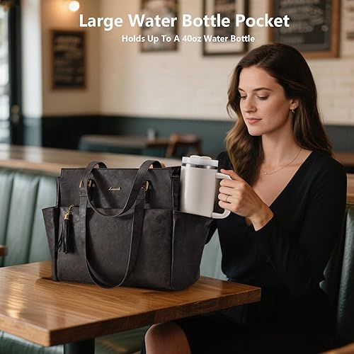 Miniatura 3 de LOVEVOOK Bolsa de mano para laptop para mujer de 15.6 pulgadas, bolsa de trabajo vintage con gran portavasos, bolsa impermeable para computadora y