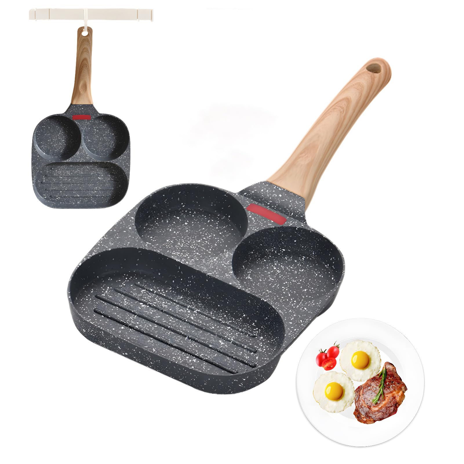 VAODO 3-in-1 Nonstick Omelette Pan, 2-hole Visible Temperature Control Breakfast Pan, 3-Section Square Baking Pan, for Gas and Induction Cook Tops