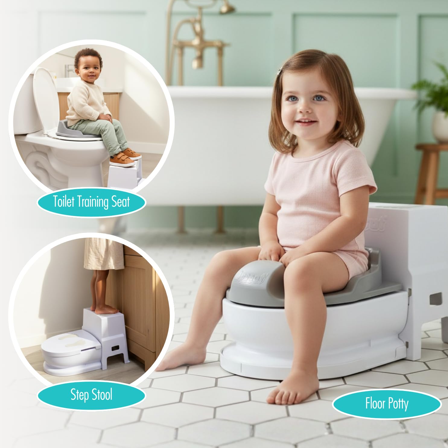 Upseat 3-in-1 Ergonomic Potty Training Set – Toddler Potty Chair, Toilet Training Seat with Step Stool, Soft Sit Trainer, Built-in Splash Guard, Squatting Design, Easy Clean