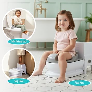 Upseat 3-in-1 Ergonomic Potty Training Set Toddler Potty Chair, Toilet Training Seat with Step Stool, Soft Sit Trainer, Built-in Splash Guard, Squatting Design, Easy Clean