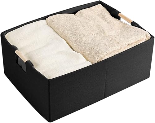 Miniatura 10 de LaMorée Caja de almacenamiento de tela, cubo de almacenamiento plegable de algodón y lino con asas de madera, rectangular, decorativo, para el