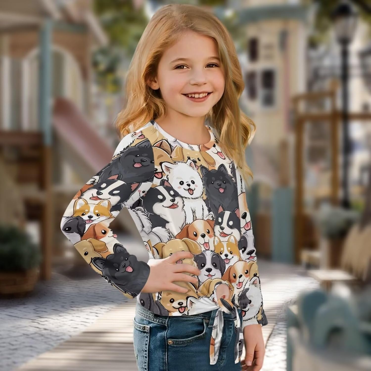 Girls Casual Tops Long Sleeve Comfy Crewneck Pullover Shirts Tops with Tie Hem Stretch Blouses 5-12 Years