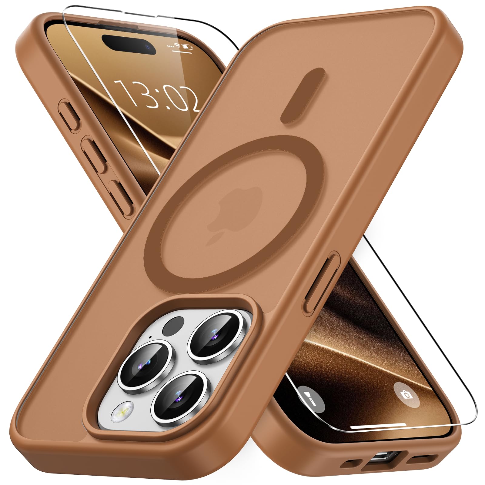 Vansdon Cover Magnetica per iPhone 15 Pro con 1 Pezzi Vetro Temperato, Compatibile con Magsafe, Protezione anticaduta di livello militare, Custodia Traslucida Opaca Sottile Antiurto-Marrone caffè