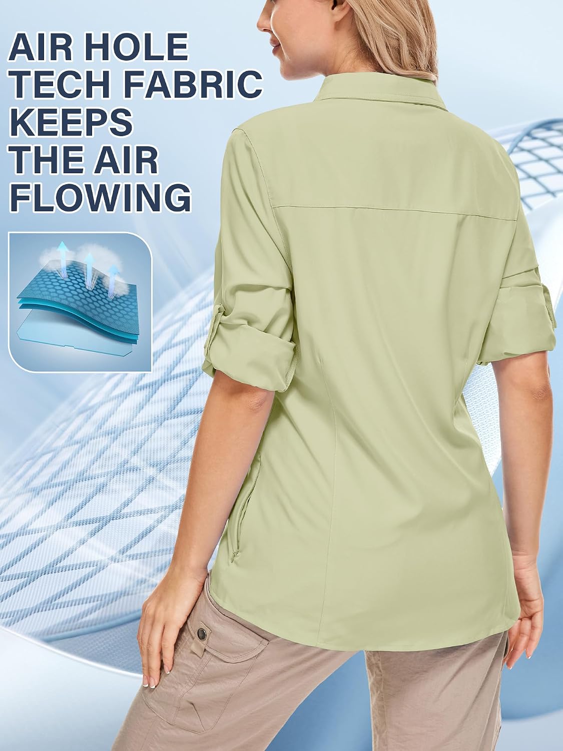 Women UPF 50+ Sun Protection Safari Shirts Quick Dry Lightweight Outdoor Fishing Hiking Travel Shirts with Zipper Pockets