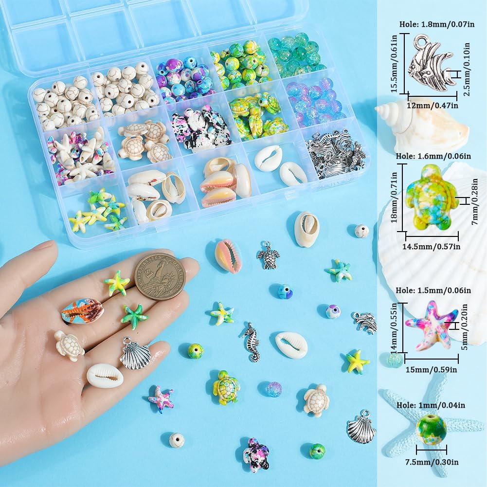 SUNNYCLUE 1 Box 260Pcs Summer Bead Kit Sea Turtle Bead Starfish Beads Natural Cowrie Shell Beads Ocean Charm Fish Seahorse Turtles Charms Turquoise Beads for Jewellery Making Kits Adults DIY Supplies - Image 3