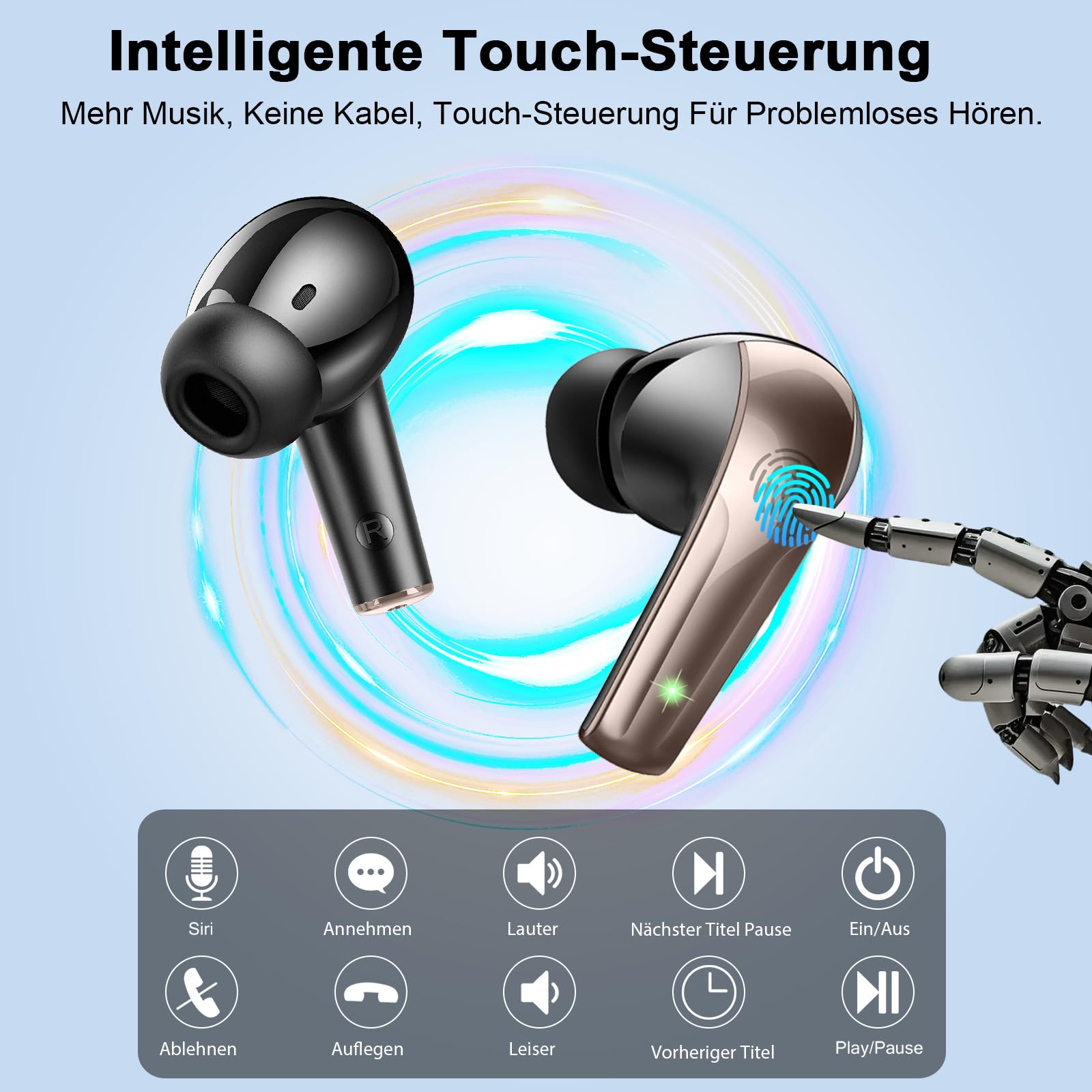 Bluetooth Kopfhörer, Kopfhörer Kabellos Bluetooth 5.4 HiFi-Klangqualität mit ENC Mikrofon, 47Std Spielzeit In Ear Ohrhörer mit IP7 Wasserdicht, Ohrhörer mit LED Anzeige für IOS/Android, Schwarzgold